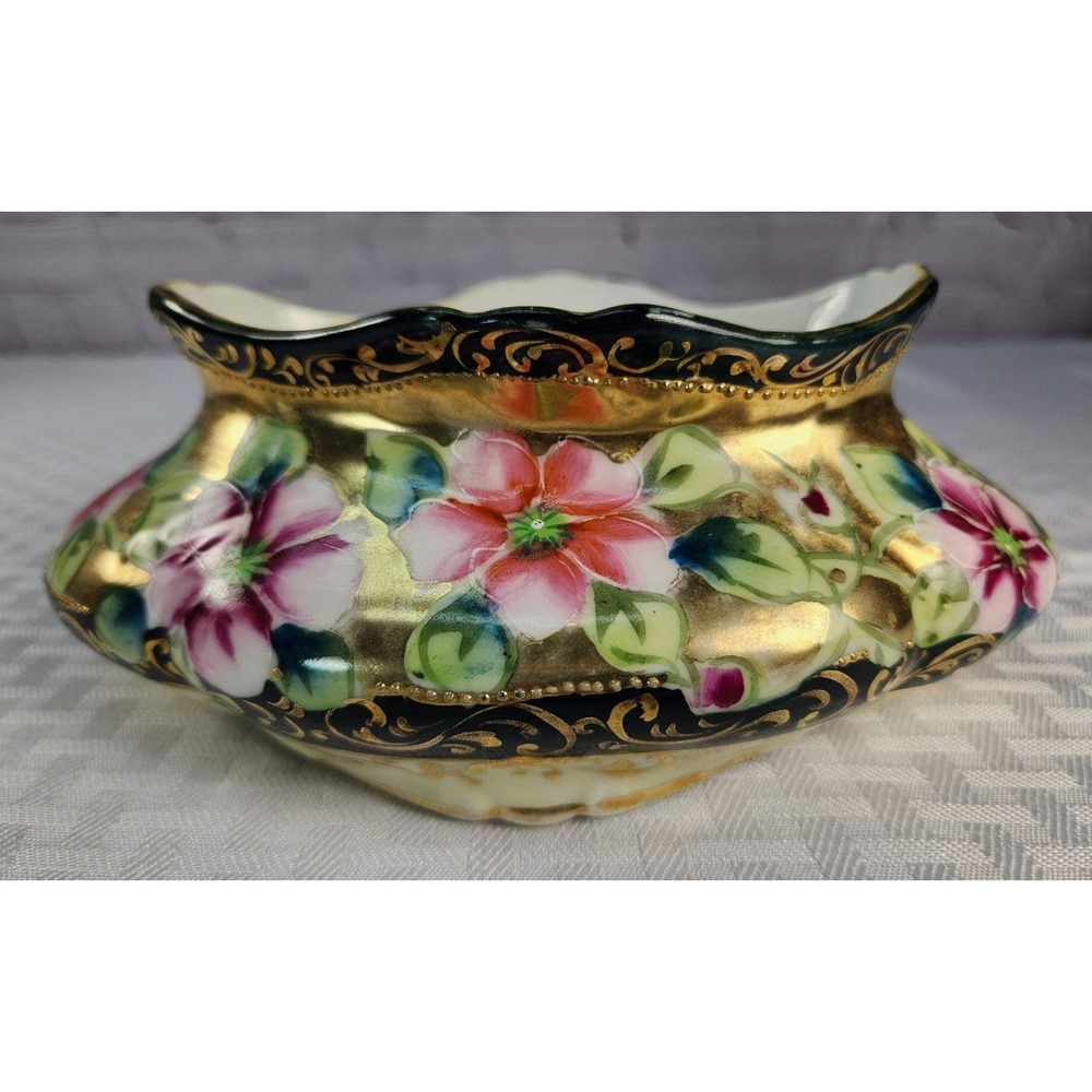 Antique Nippon Porcelain Bowl Floral Black Pink Roses Heavy Gold Gild Pre 1921